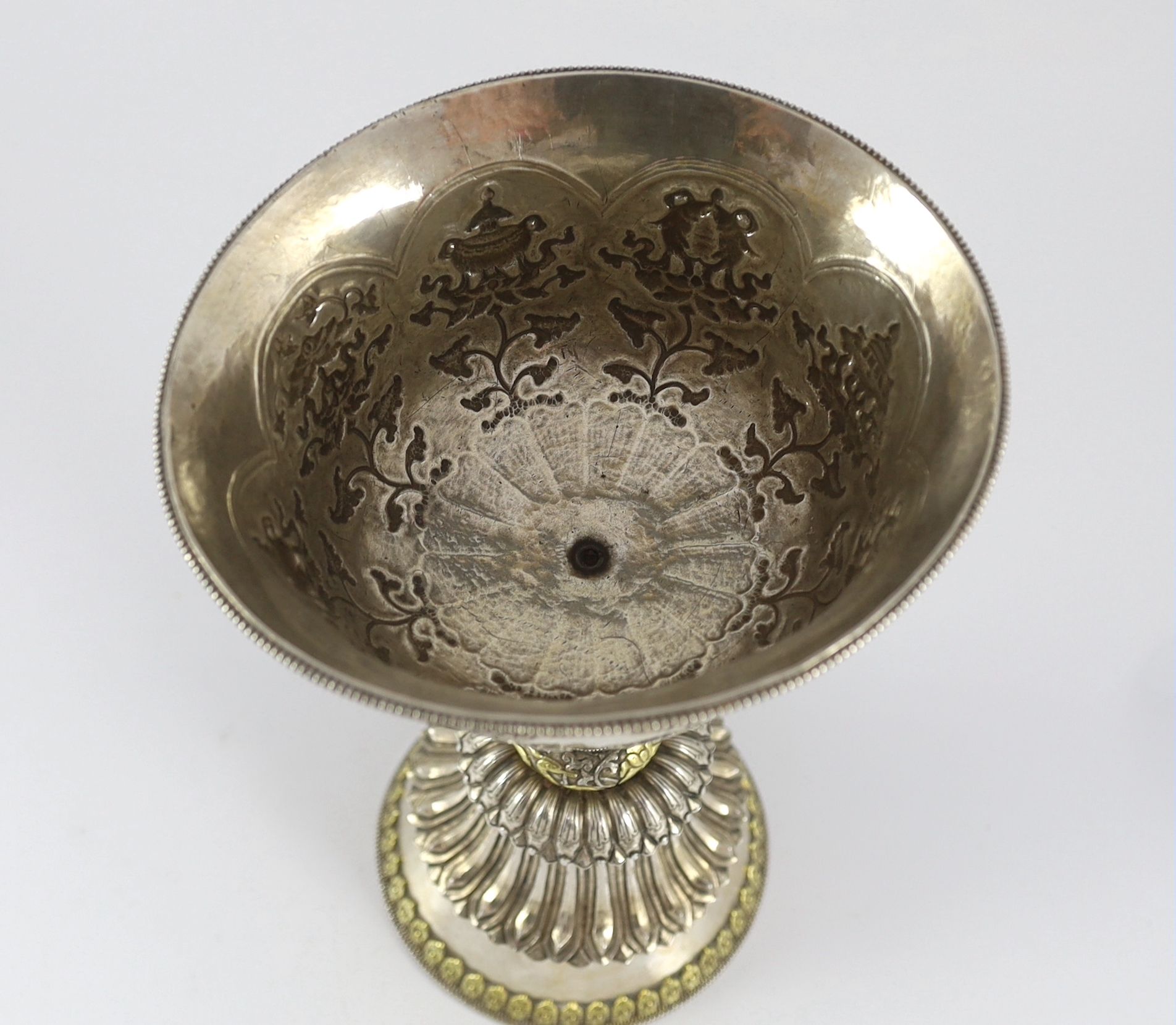 A large Tibetan silver and parcel gilt butter lamp, syou deng, 19th century